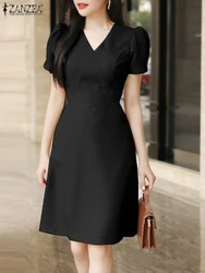 Women Smmer Dress Stylish A Line Dresses Elegant OL Work Sundress ZANZEA Fashion Short Sleeve Slim Fit Party Vestidos Female