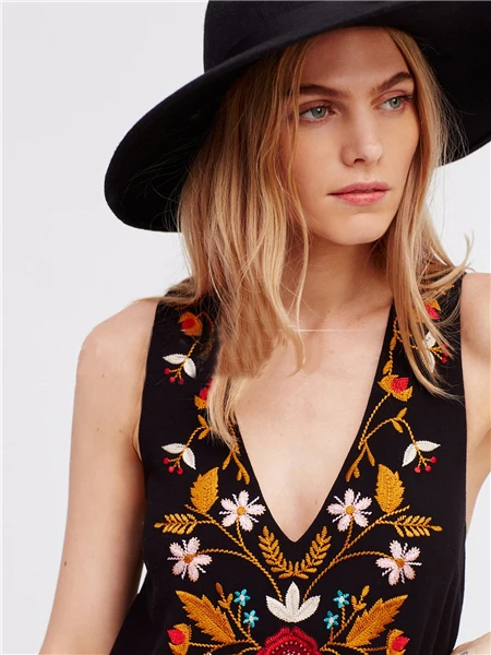 Sexy Beach Boho Mini Dress For Women Vintage Cotton Rayon Floral Embroidered Summer Dresses Sleeveless Strap Vestidos Robe SL168