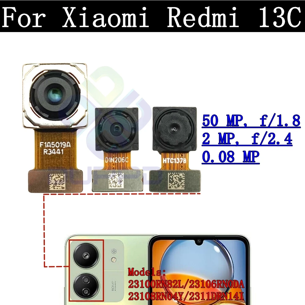 Rear Camera Flex Cable for Xiaomi Redmi 13C, 2311DRN14I, 23106RN0DA, Front Selfie, Small Facing, Main Back Camera, Glass Lens