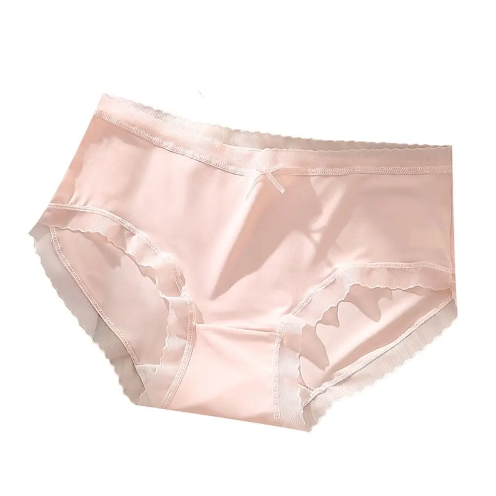 Lightweight Bow Ice Silk Panties Mid Waist Transparent Ruffle Briefs Female Lingerie French Style Underpants for Women Women