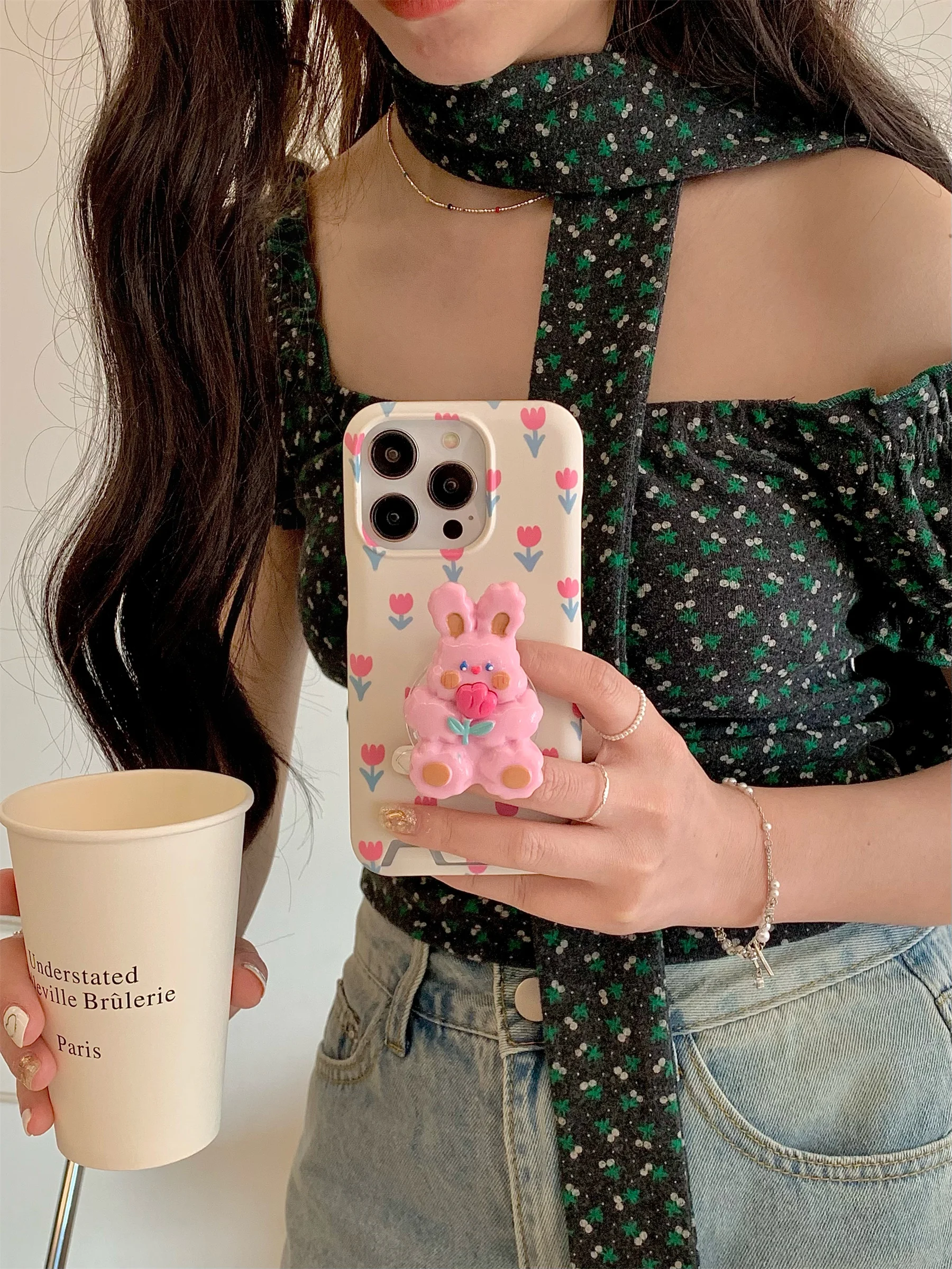 Full Screen Tulip Korean Fresh Flower Cute Rabbit Stand Case for iPhone 15 14 13 12 Pro Max Shockproof Back Cover For Girl Gift