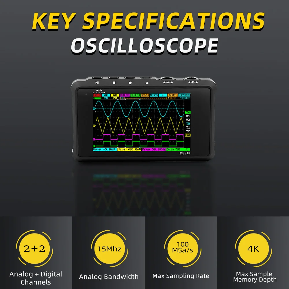 DS213 DS213 Mini Portable Digital Oscilloscope 4 Channels 15MHz Bandwidth 100Msa/s with Free Gift x1x10 Probe