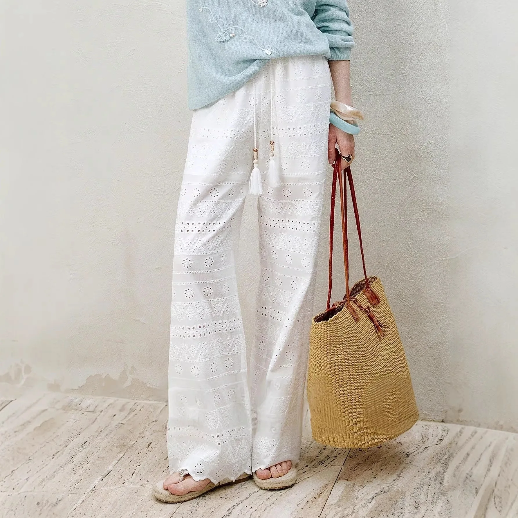 2026 New Arrival Women's Solid Elastic Waist Tie String Wide Leg Pants Elegant Slimming Versatile Daily Commuter Casual Trousers
