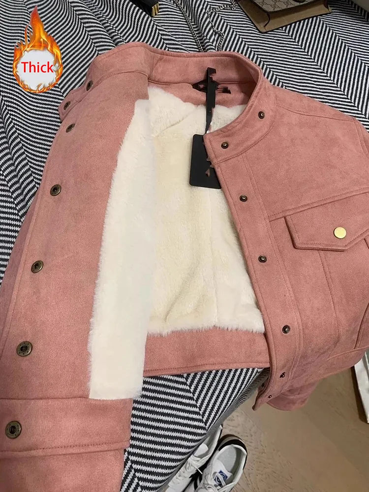 

Winter Thick Pink Faux Suede Jacket Women Vintage Warm Long Sleeve Y2K Coat Casual American Preppy Style O Neck Sweet Outwear