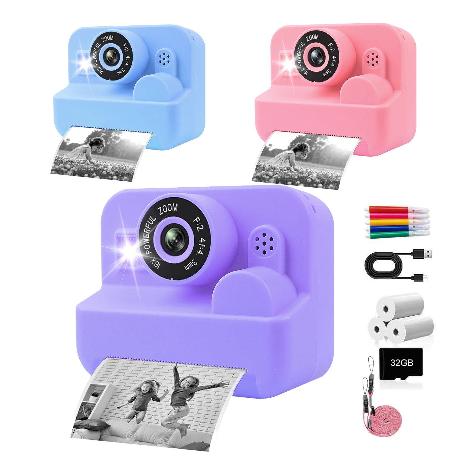 Macchina fotografica per bambini Stampa istantanea Telecamere per bambini Macchina fotografica per stampa termica Regali di compleanno Giocattoli per ragazzo Ragazza di età 3-12 anni con videogioco MP3