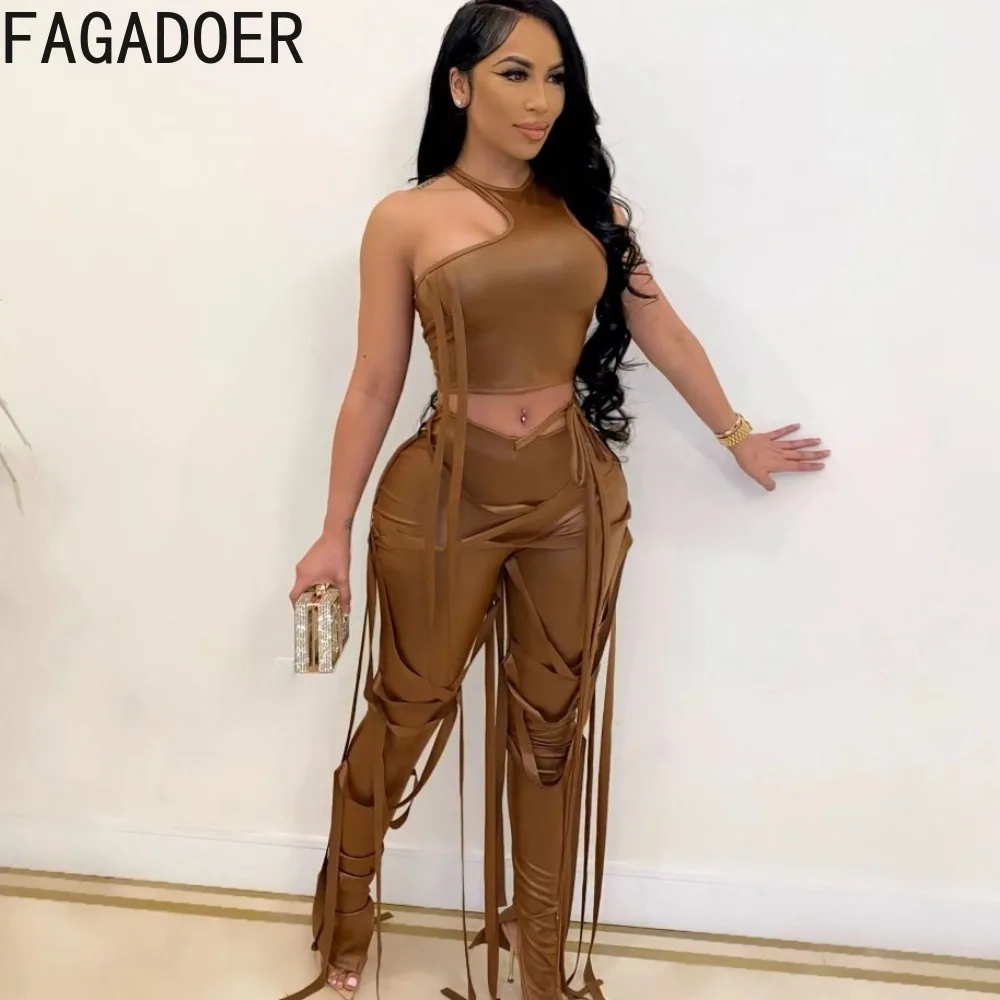 

FAGADOER Fashion Solid Color Bandage Two Piece Set Women Sleeveless Crop Tank Top And Skinny Pants Outfits Spring New Streetwear