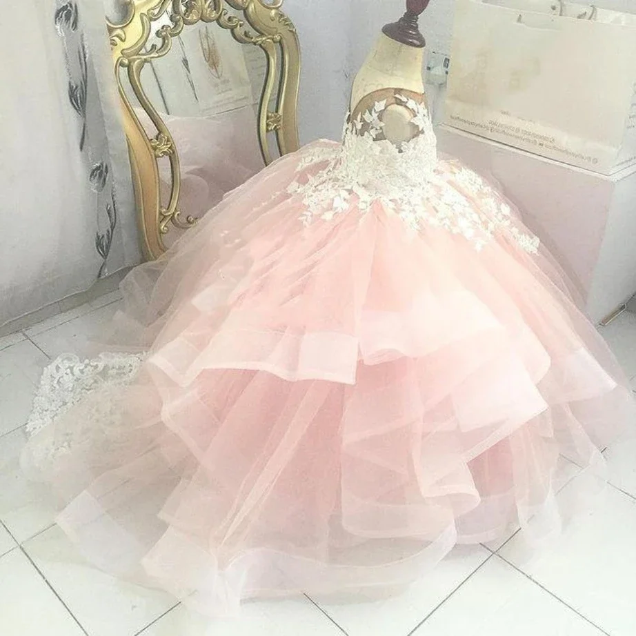 

Pink Lace Flower Girl Dress Sheer Neck Tiers Sleeveless Little Kids Princess Girls Wedding Birthday First Communion Party Dress