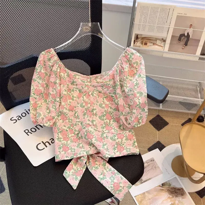 Chiffon Blouse Women's Design Sense Summer Back Tie Top New Style Elegant V-Neck Short Sleeve Floral