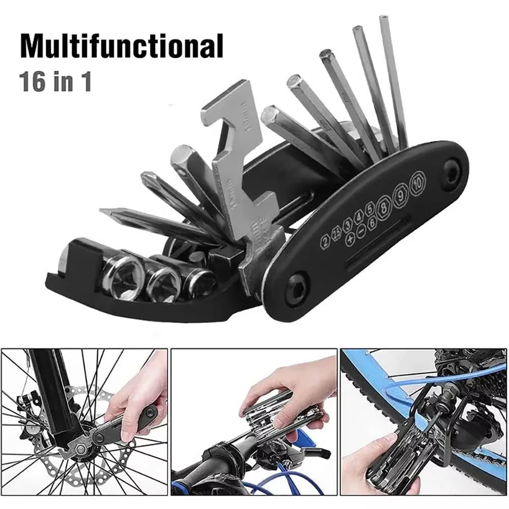 Kit de Ferramentas para Reparo de Bicicletas 16 em 1, Acessórios para Bicicleta, Conjunto de Ferramentas Multifuncionais com Bomba, Remendo para Pneus, Ferramentas Portáteis para Bicicletas de Montanha e Estrada, Ferramentas para Uso Externo.