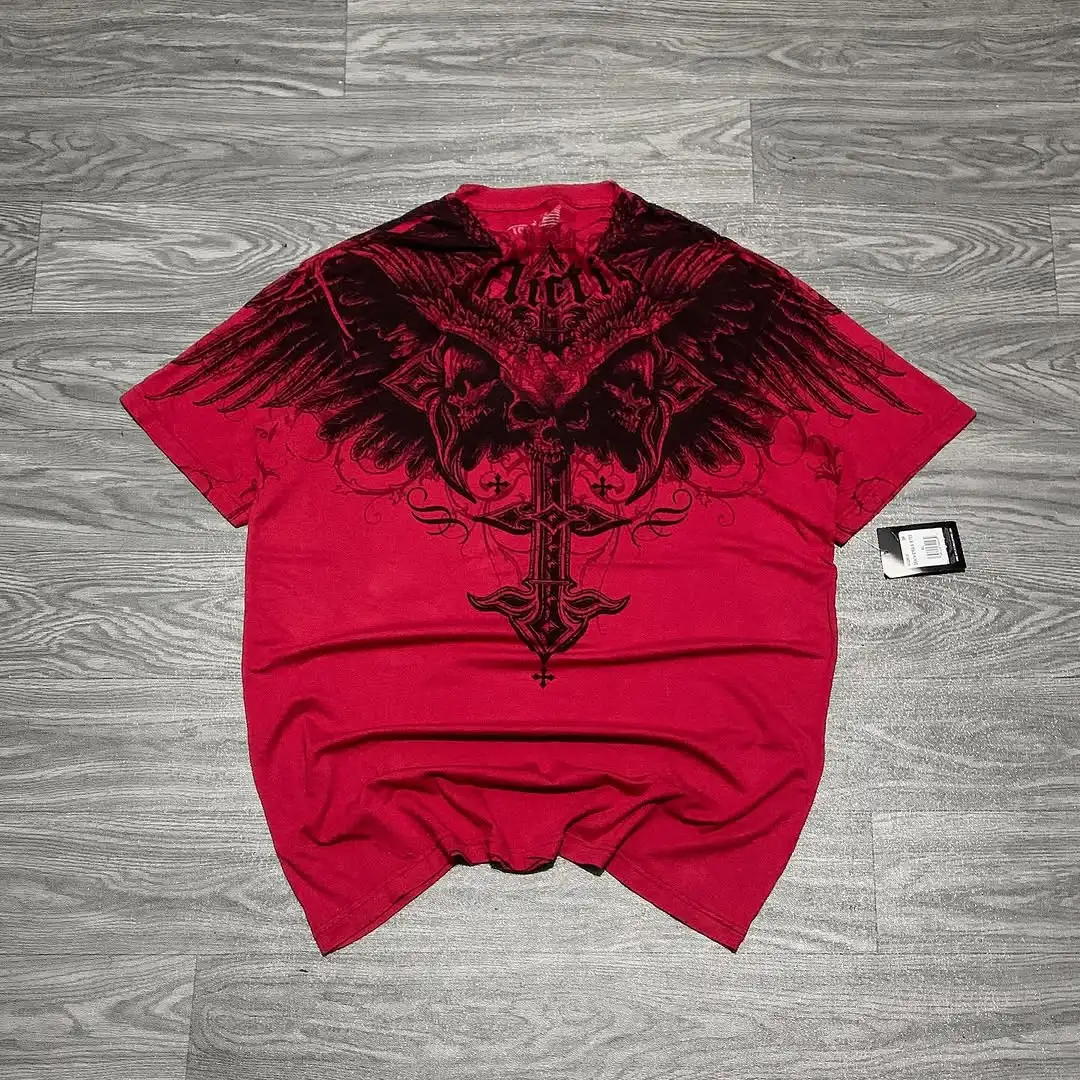 

Y2K New Retro Gothic T-shirt American Skull Printed Red Oversized T Shirt Men High Street Harajuku Punk Cotton Short Sleeve Tops