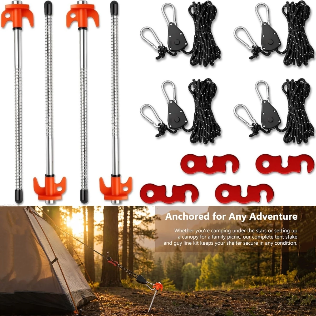 Outdoor Tent Accessories 12Pcs Set,Tent Rope with Ratchet Pulley And Screw in Tent Stakes,Rope Tensioner for Camping Tent,Canopy