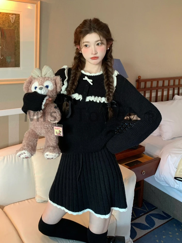 Winter Elegant Knitted 2 Piece Set Women Bow Ruched Sweater + Mini Pleated Skirt Female Korean Fashion Sweet Casual Set 2023 New