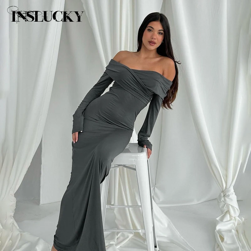 

InsLucky Autumn Off The Shoulder Slim Floor-Length Dresses For Women Fashion Elegant Office Lady Dinner Dresses Long Sleeve 2024