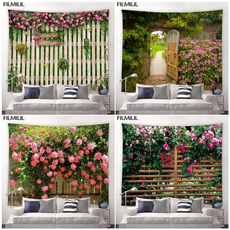 

Spring Garden Landscape Tapestry Pink Rose Flowers Wooden Fence Plant Scenery Home Living Room Courtyard Decorative Wall Hanging