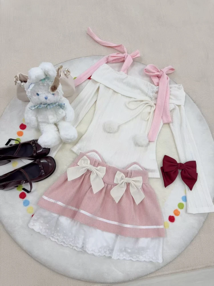 일본식 스위트 슬림 오프숄더 투피스 세트 여성 Y2K 디자인 귀여운 리본 레이스 티셔츠 캐주얼 우아한 패치워크 짧은 치마 세트