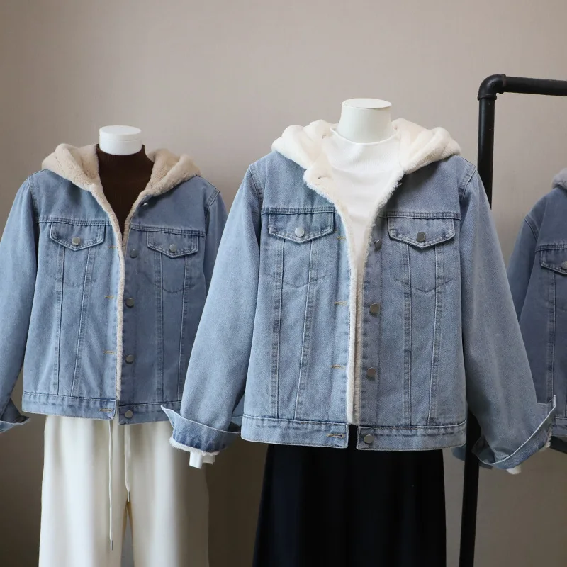 

Fashion Thickened Hooded Denim Coat for Women Korean Casual Single Breasted Pockets Design Jackets Loose Retro Fleece Outerwear