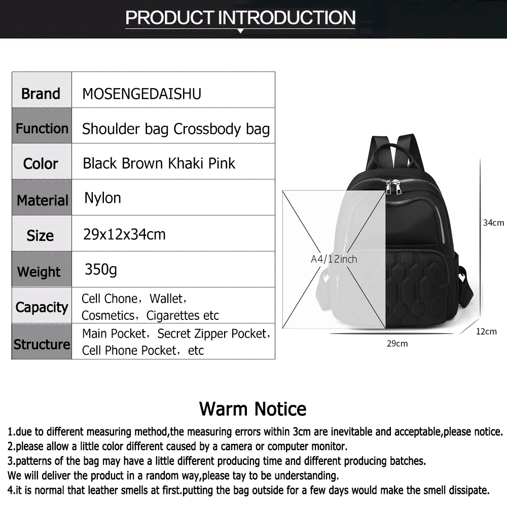 Cor sólida de alta qualidade náilon senhoras mochila nova grande capacidade senhoras sacos estudante lazer sacos viagem bolsa ombro sac