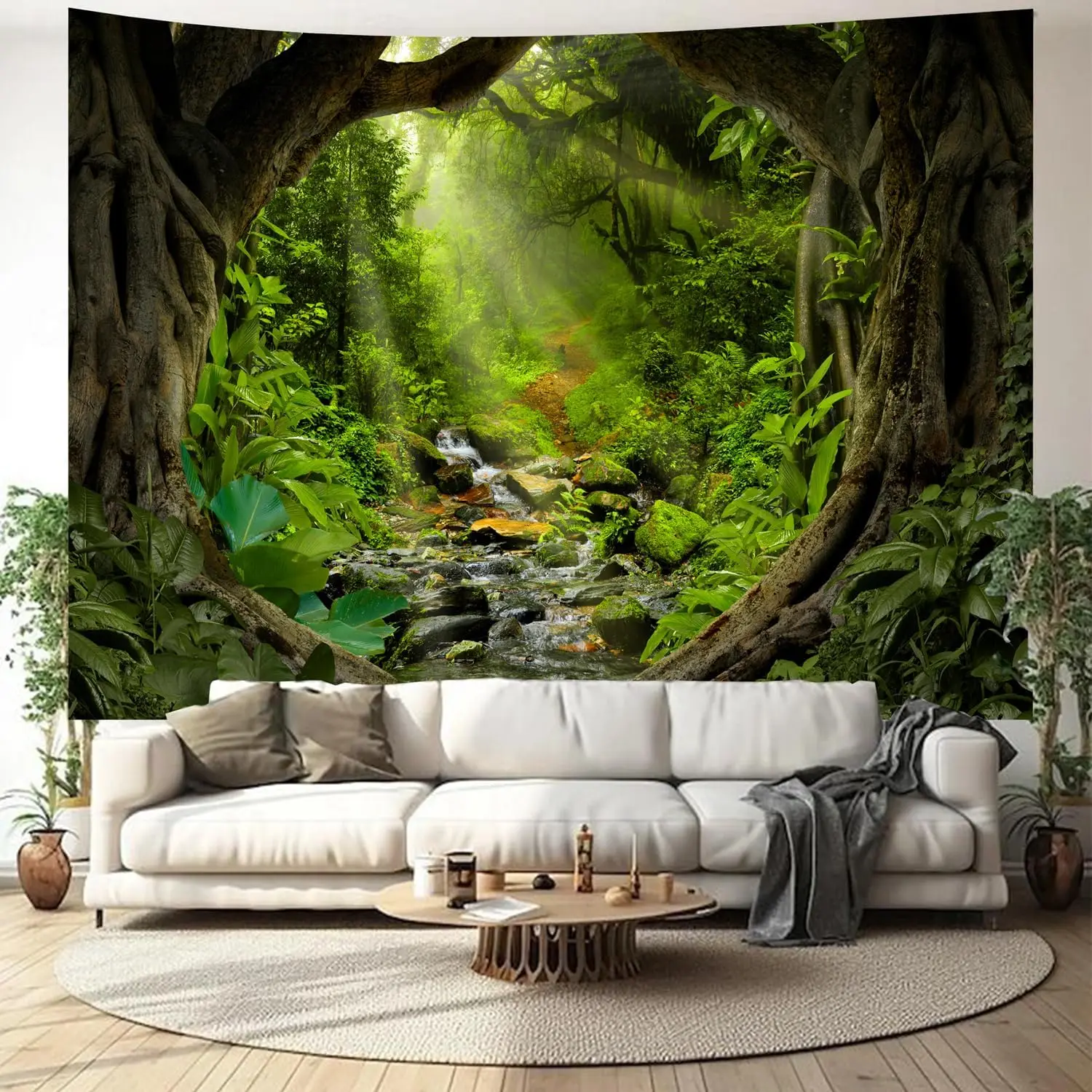 Misty Forest Tree Cave Tapestry Nature Green Tapestry Enchanted Rainforest Tropical Jungle Sunshine Flowing Stream Landscape