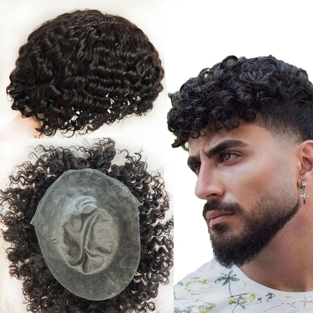 

Afro Toupee for Black Men African American Curly Human Hair System 10mm Wave 360 Toupee Hairpiece 8''x10'' Full PU Base