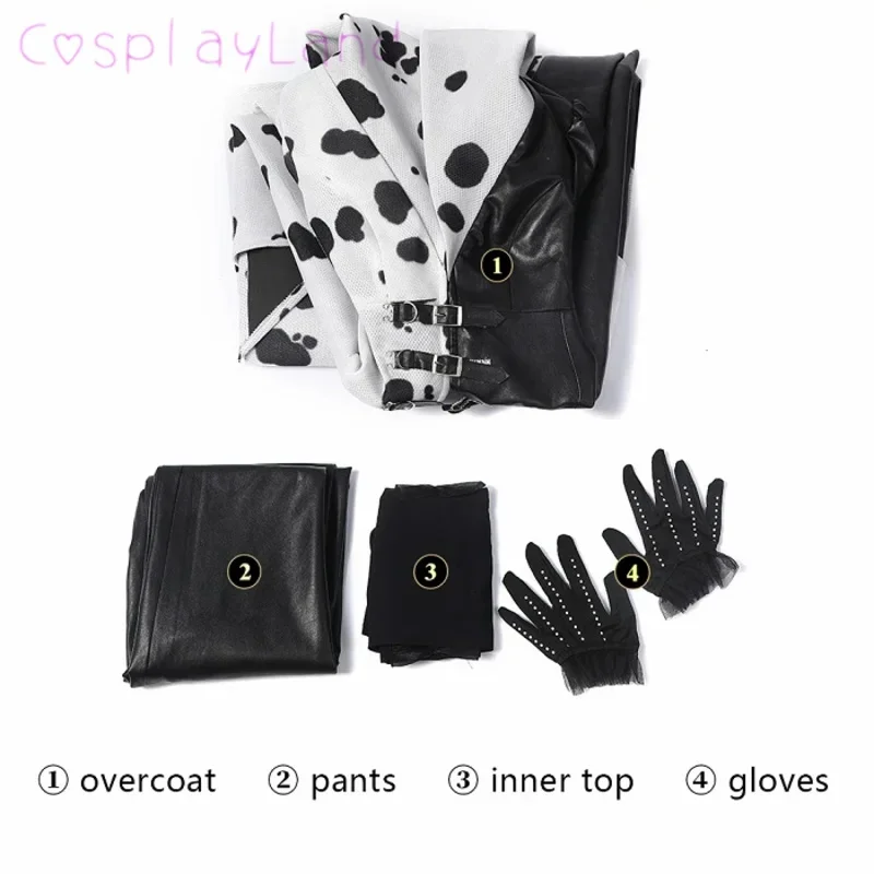 EE01 Cruella Costume Cosplay Evil Queen Black White Evening Party Dress Fashion Emma Magic Oufit Women Suit Coat Pants Glove&0Ww