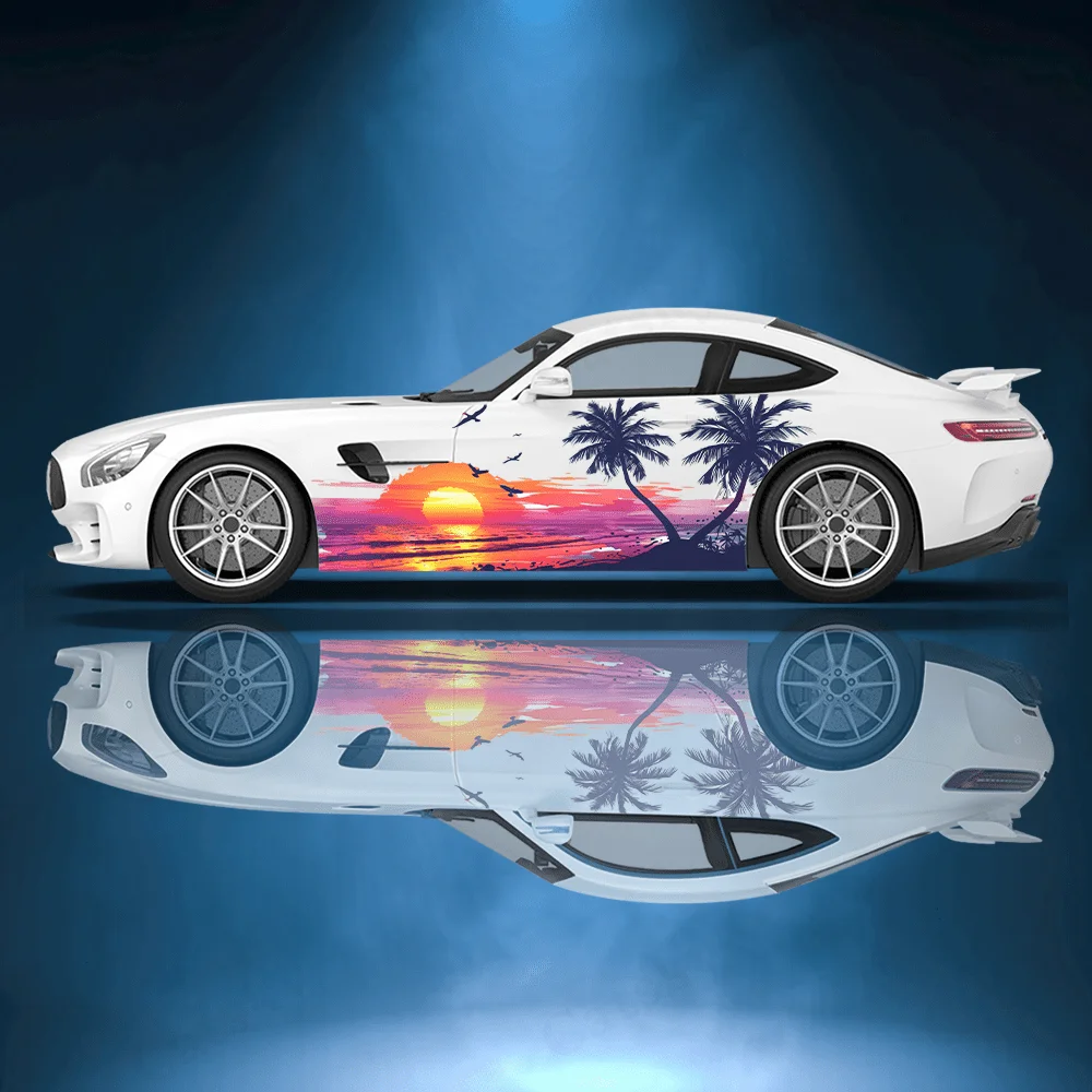 Tropical Beach Sunset Coconut Tree Illustration Print Red Rose Sticker Car Sticker Full Body Floral Decoration Covering