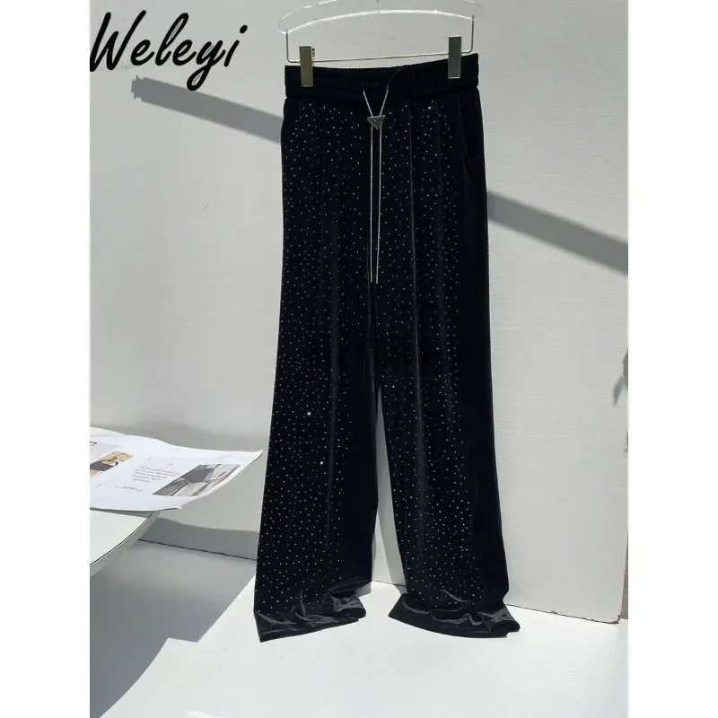 Autumn and Winter Women's Hot Drilling Velvet Pants 2024 New Temperament High Waist Rhinestones Velvet Straight Trousers Female