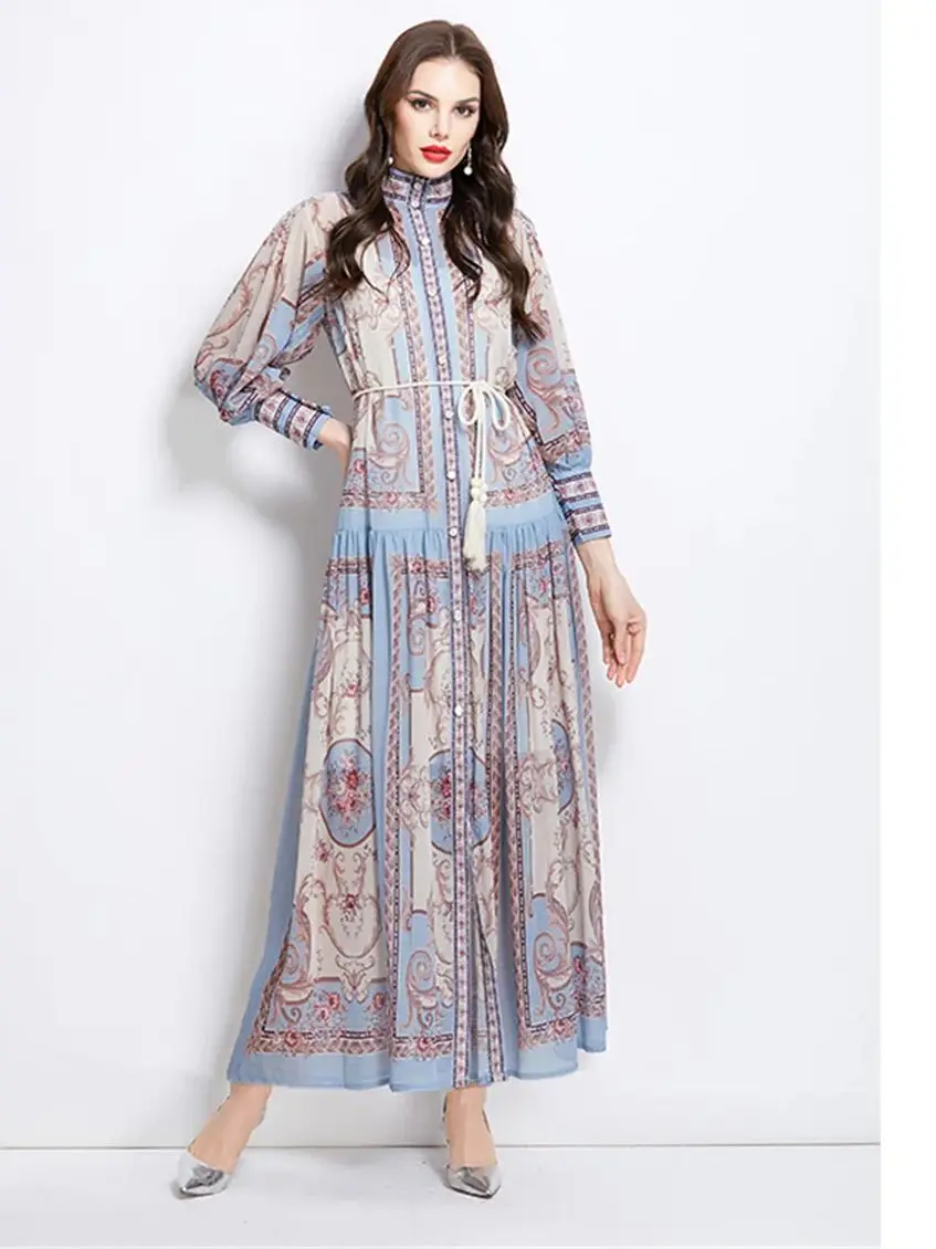 

Spring Autumn Vintage Print Long Sleeve Loose Long Maxi Dress Classical Court style Single-breasted Lace-up Chiffon Dress