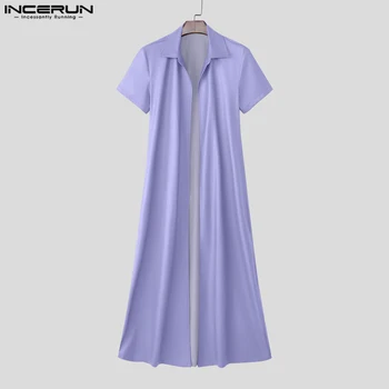 Men's Long PU Leather Short-Sleeve Trench Coat 3 INCERUN Men Long Style Trench Solid Color Lapel Short Sleeve Male Cardigan Streetwear PU Leather Casual Male Windbreaker Coats 3