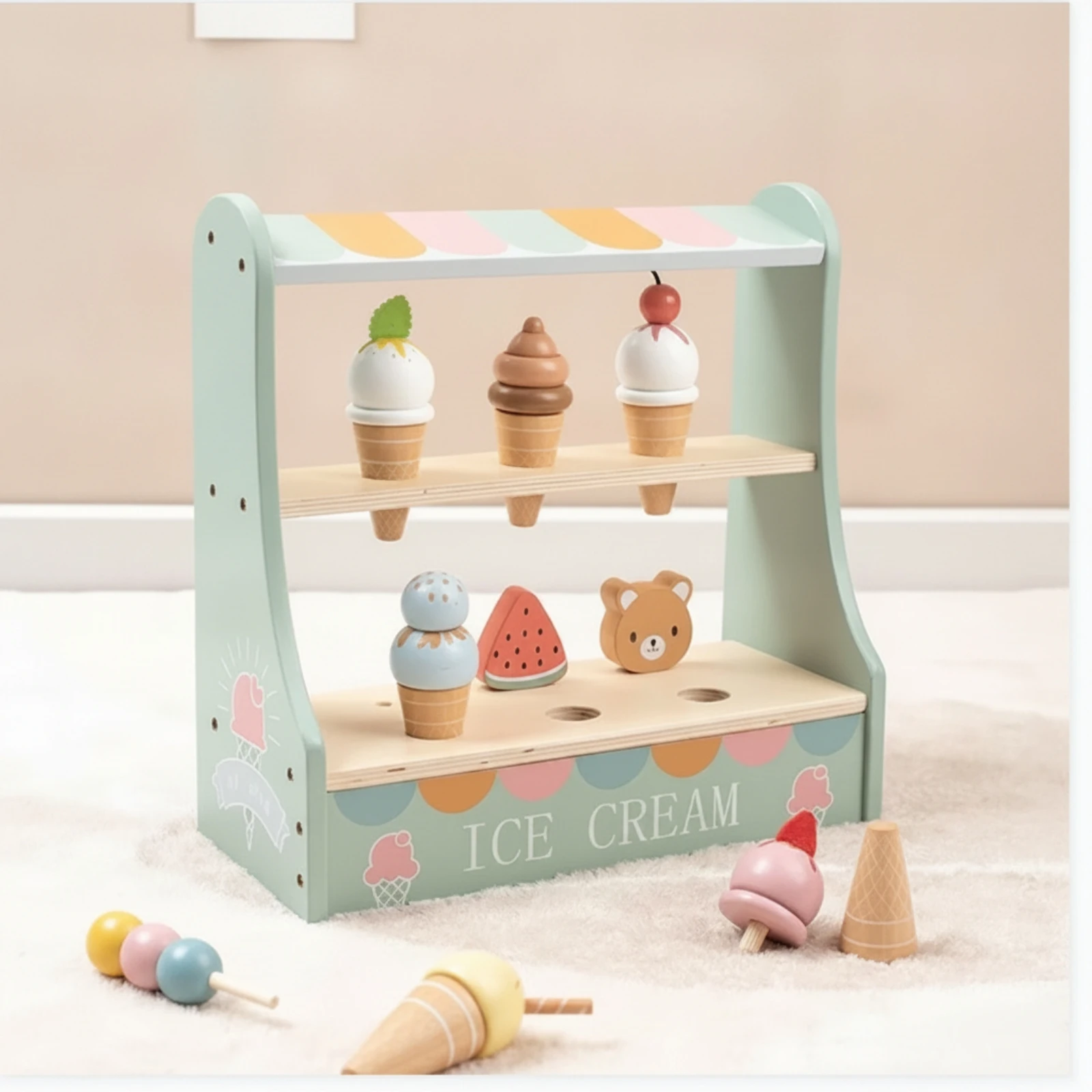Ice Cream Display Stand Interactive Toy Ice Cream Shop Wooden Play Food Set Educational Playset Realistic for Children, Playroom