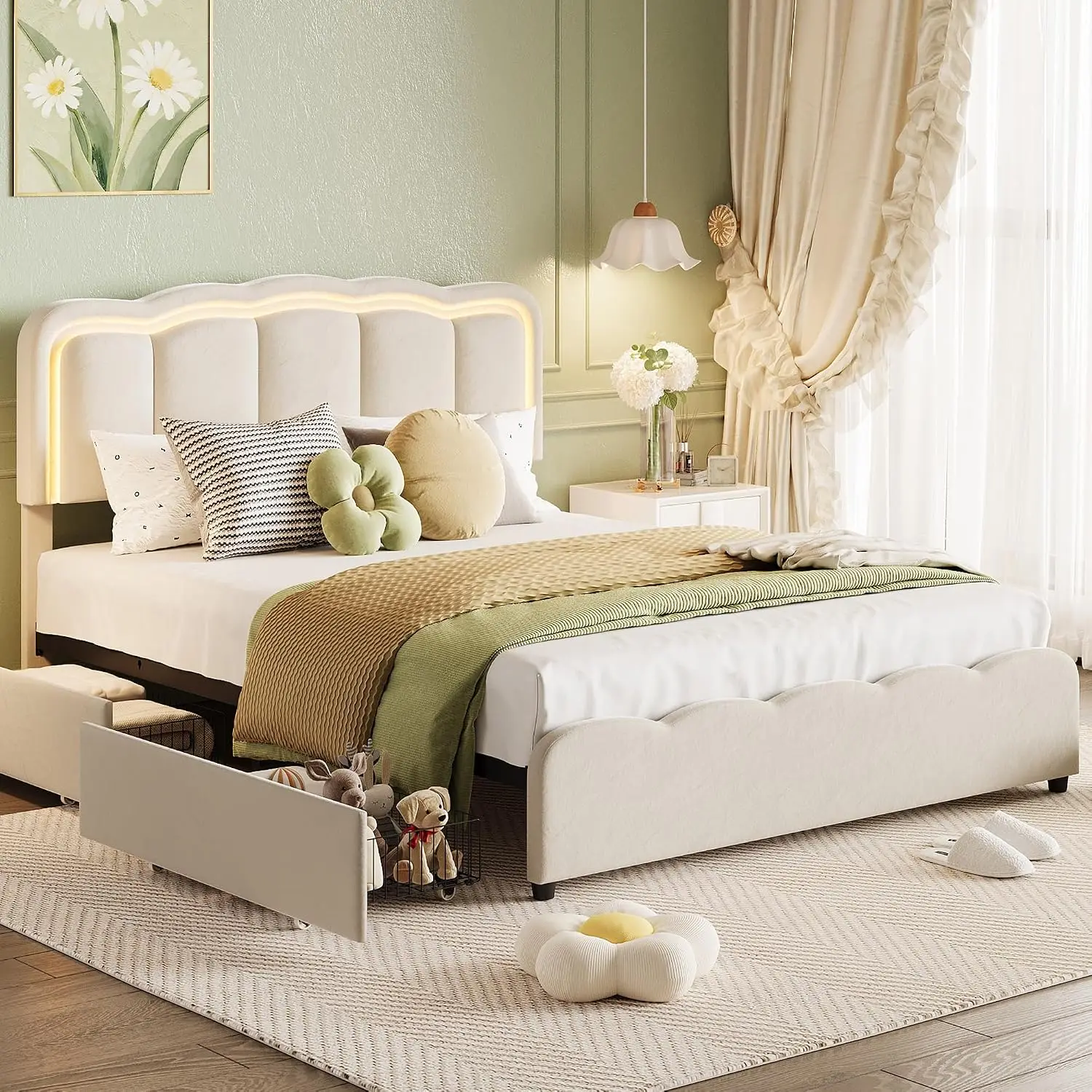 Full Size Bed Frame with 2 Storage Drawers and LED Lights, White, Customized