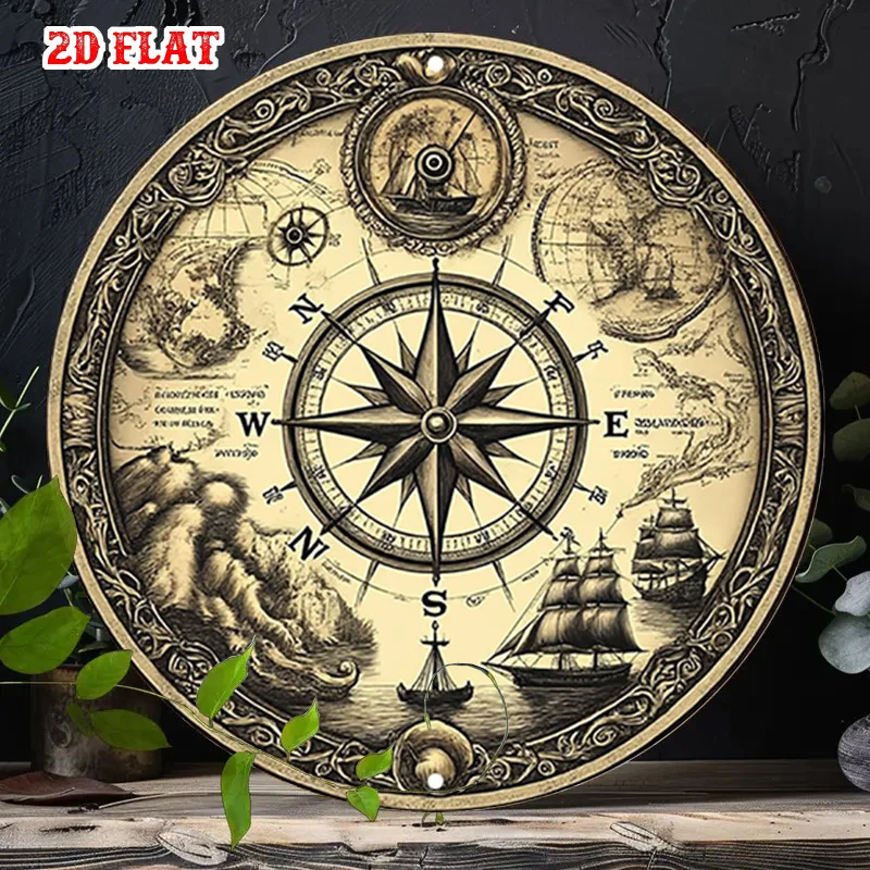 Round Wooden Sign Vintage Nautical Compass Old World Map Sailing Ship Retro Maritime Rustic Farmhouse Wall Decor Plaque