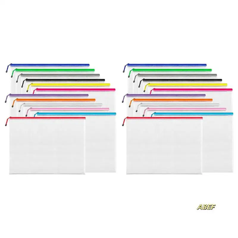 A3 (16.9X12.4 Inci, 24 Buah) Kantong Ritsleting Jaring, Tas Ritsleting Ekstra Besar 12 Warna, Kantong File Tahan Air untuk Perlengkapan Kantor