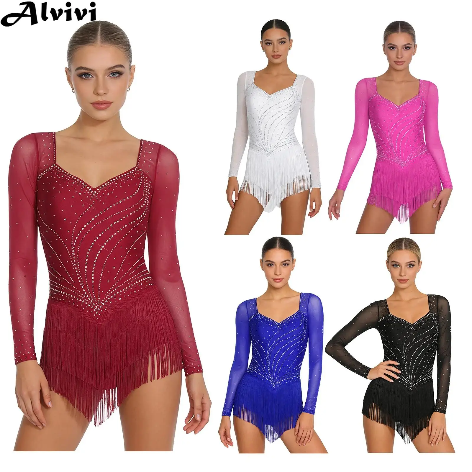 

Женское боди для латинских танцев, фигурного катания, сетчатое платье с длинными рукавами и кисточками со стразами, танго, румба, самба, бальное трико ча-ча
