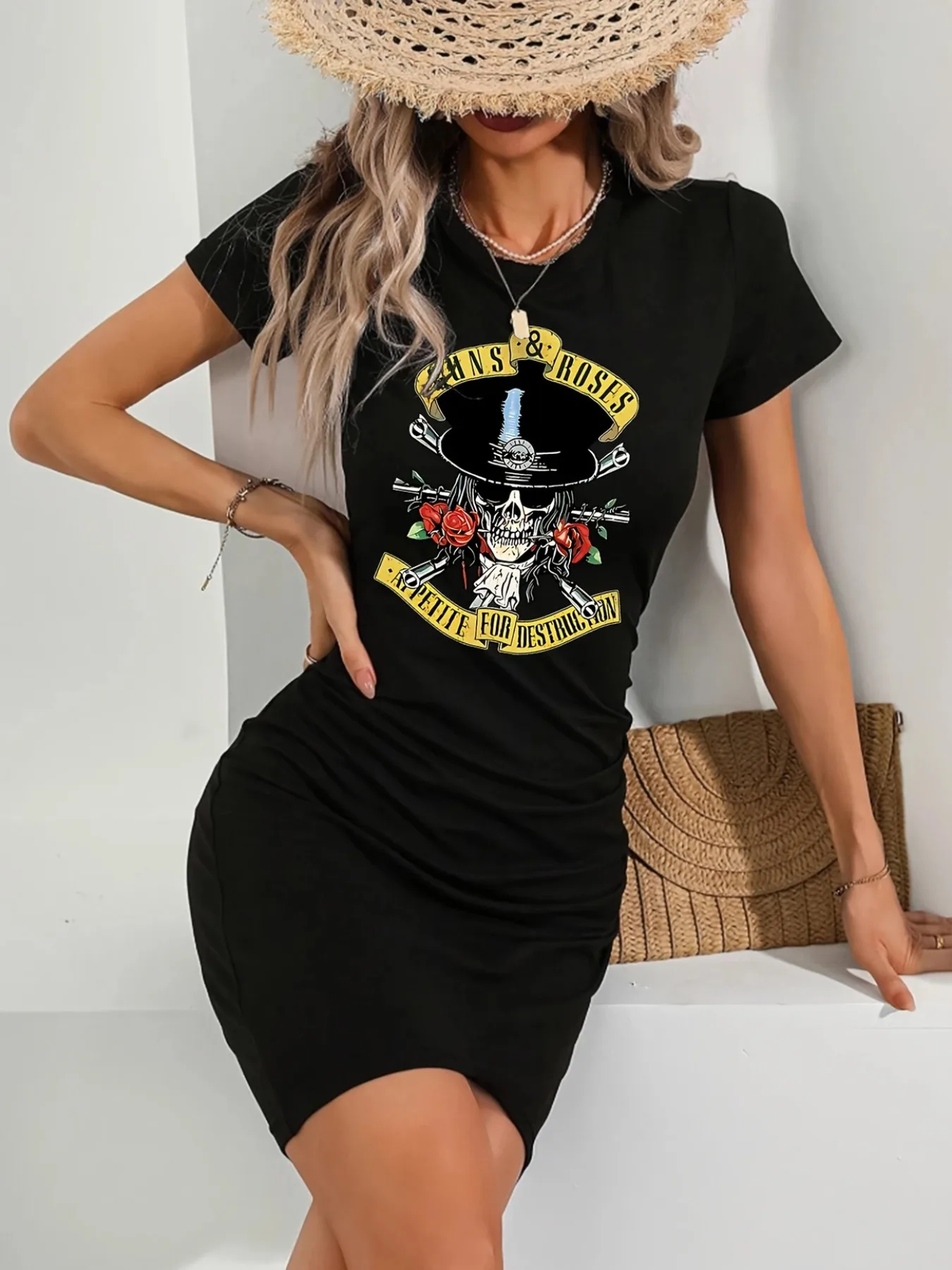 

Guns N Roses Guns Flowers Concert Same Slash Rock Hip Hop Plus Size Women's Short-sleeved Dress Clothes Breathable Dress