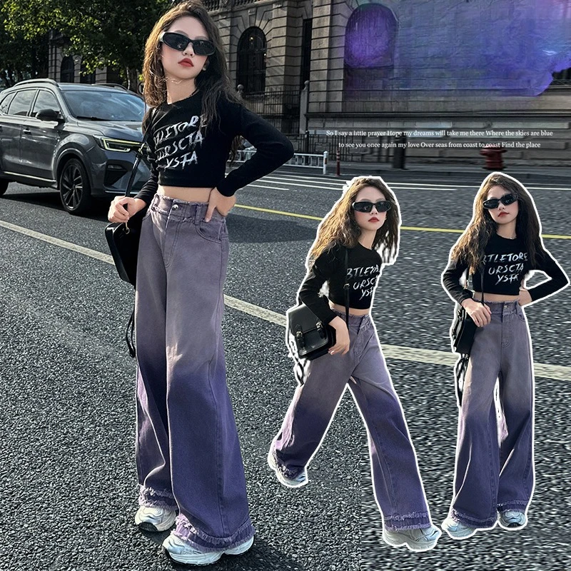

Girls Clothing Set Children Fitted Letter-Print Top + Denim Gradient Wide-Leg Pants Two-Piece Set Spring Autumn 2025 New