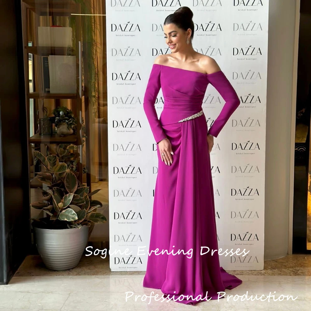 

3/4 Sleeve Softy Crepe Prom Dresses Mermaid Cocktail Evening Party Dress Women's Ruched Ruffles Purple Party Gowns With Crystal
