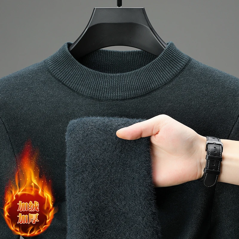 سترة رجالية شبه عالية الرقبة مع مخمل سميك للدفء، سترة شتوية من قطعة واحدة مخملية بلون سادة وأكمام طويلة