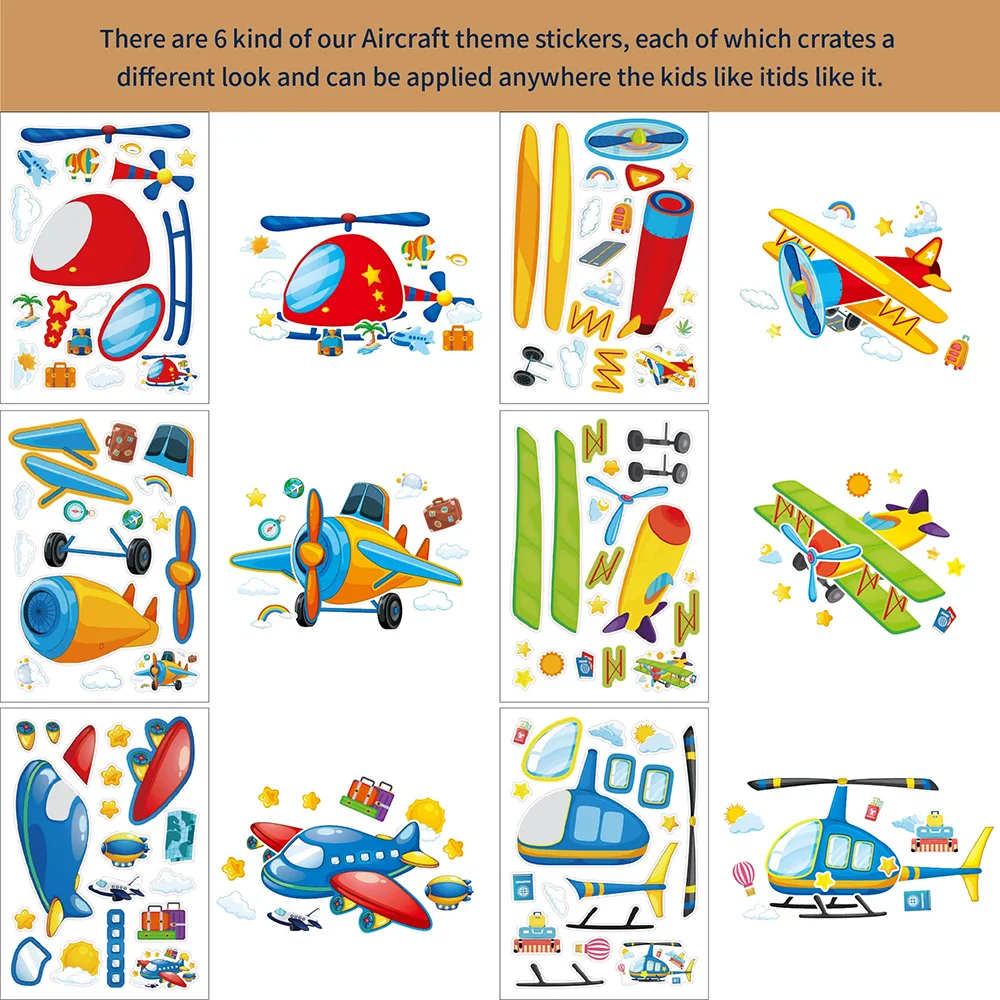 6/12Sheets Children's Flying Vehicle Aircraft Decoration Puzzle Stickers PVC Material Children's Educational Party Gift Stickers