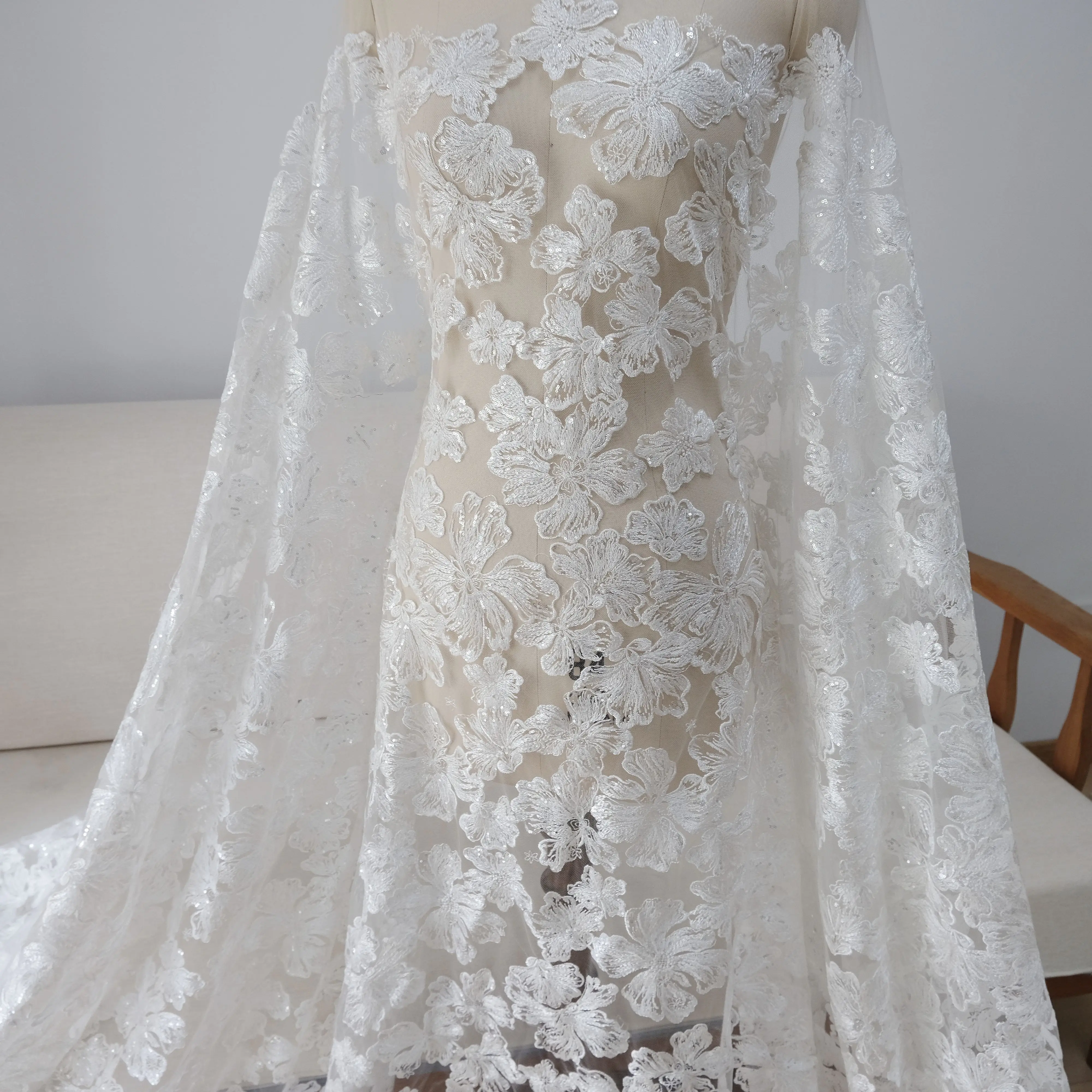 

1 Yard New High Quality French Sequin Lace Fabric Embroidered Wedding Veil Performance Dress DIY Weeding Sewing Accessories