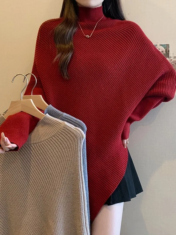 

Женский вязаный свитер больших размеров с рукавами «летучая мышь», асимметричным высоким воротником, свободного кроя, осенне-зимний, модный, для ношения под одеждой, в корейском стиле