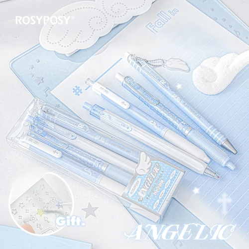 Imagen 2 del producto 4 unids/set INS bolígrafo de Gel Kawaii informal para niños, niño y niña, colgante de alas dulces, papelería, bolígrafo de escritura, bolígrafo de Gel de tinta negra de 0,5mm para escuela