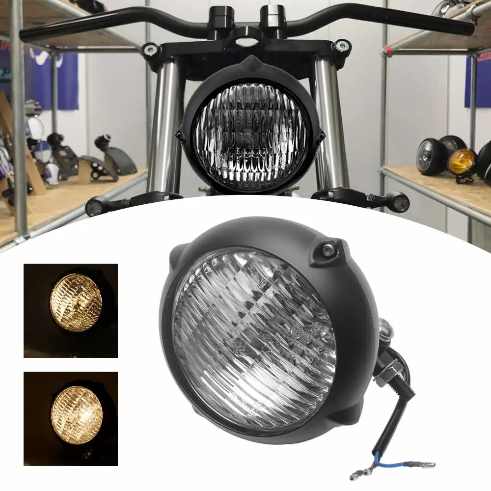 

Brand New H4 Bulb Type 12V Dc Amber Motorcycle Headlight Universal For Most Motorcycles With 4.5 Inch Headlight Black And Clear