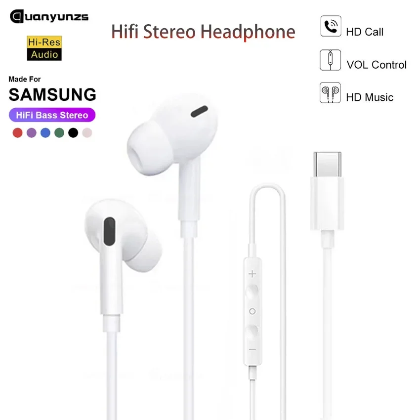 Original Type-C Wired Headphones for Samsung Galaxy S24 S23 S22 A53 A52 Note 20 3.5mm in-ear Earbuds USB -C Earphone Hifi Bassoo