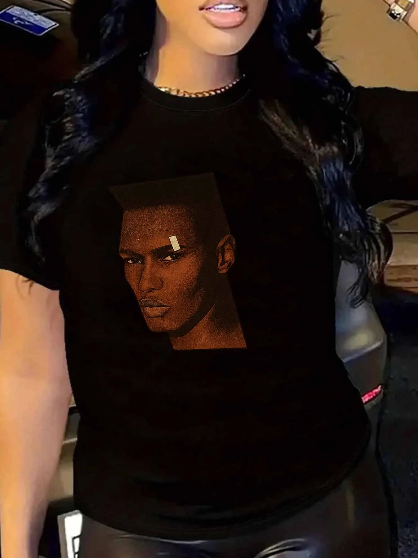 【WY1318852】Plus size women's round neck short sleeve T-shirt with elastic half sleeves and trendy prints