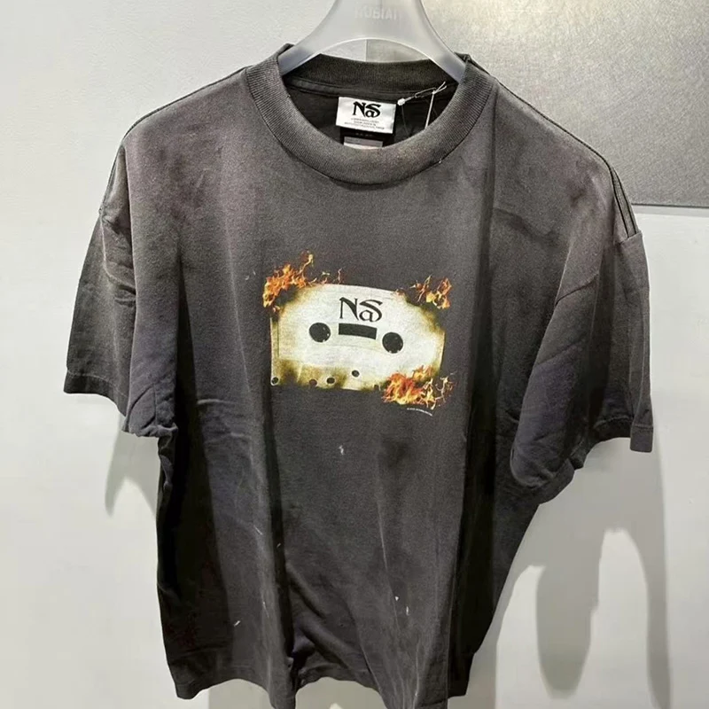 

26SS New Style Burning Recorder Print Saint T Shirt Men Women Top Quality Cotton Oversized Tee Washed Black Splashed Ink T-Shirt