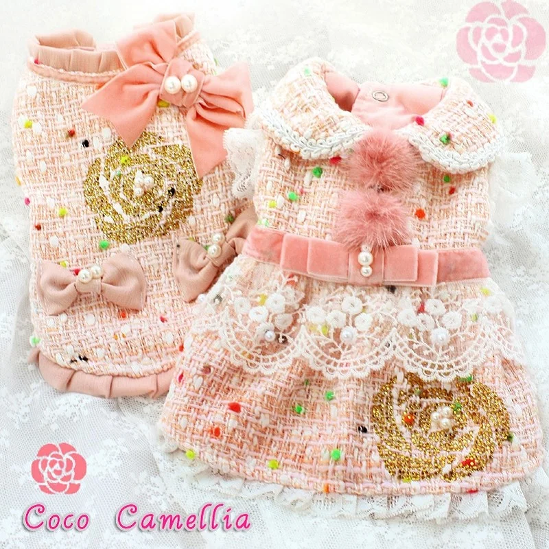 

Handmade Luxury Dog Clothes Tweed Pet Coat Dress Vest Twin Sets C Style Princess Pink Camellia Velvet Bow Accessories Holiday