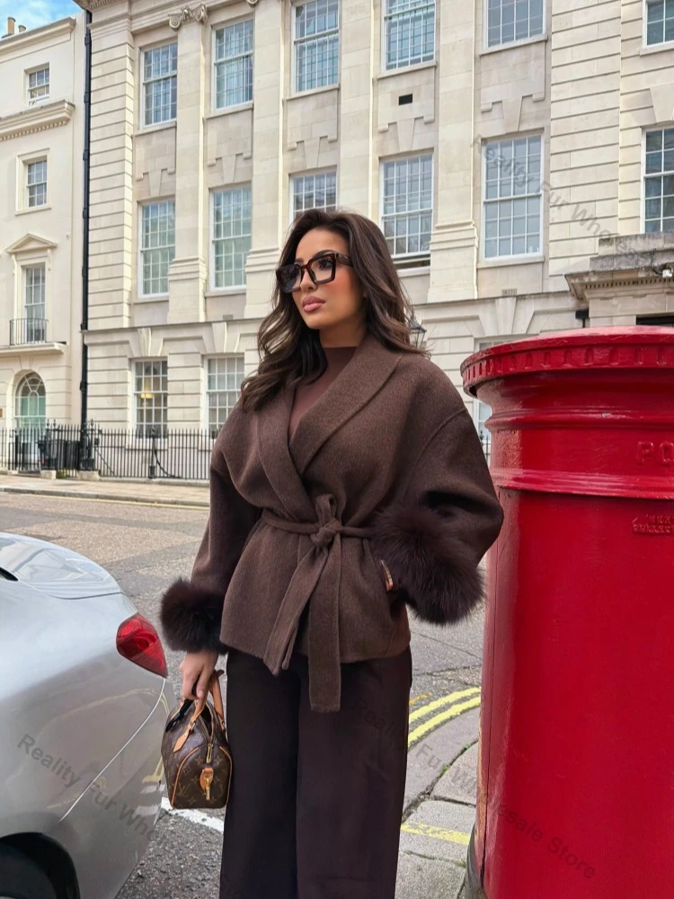 Women's Genuine Fur Coat Classic Luxury Soft Wool High Fashion Belted Fur Trim Woolen Coat Old Money Style Natural Fur Coat