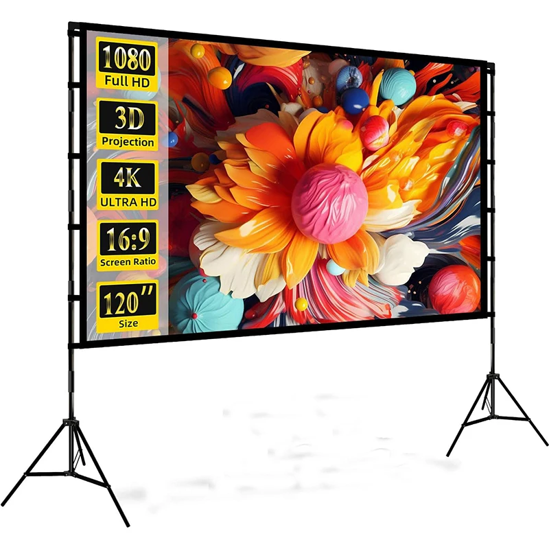 2026120 Inch 200cm Triple Stand Projector Screen 16/9 LCD Outdoor Home Bedroom Foldable 45cm Cloth Screen with Portable Bagpromo