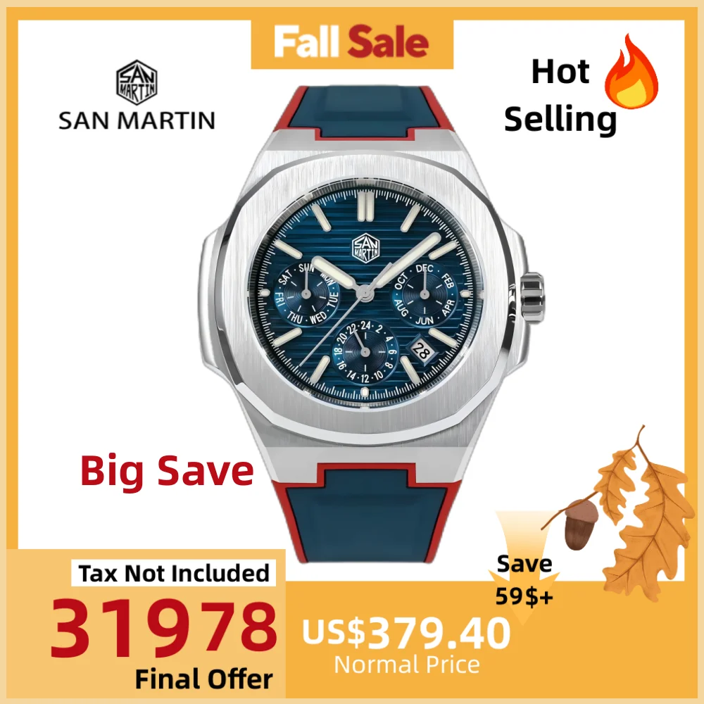 

San Martin 43mm 9120 Sport Multi-Function Men Watch Mechanical Hour Date Week Month Window FKM Rubber 10Bar Reloj Hombre SN0075B