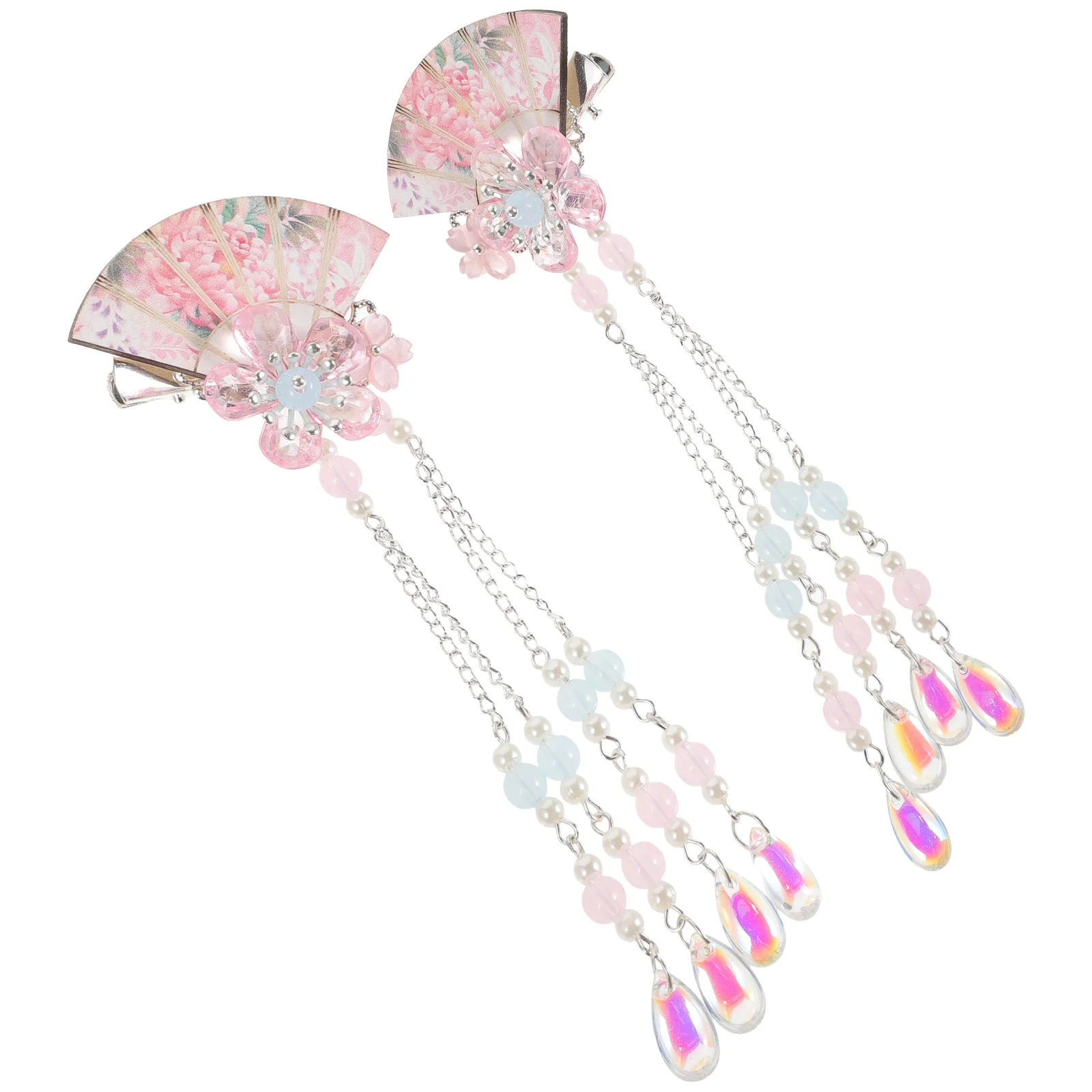 2 Pcs Tassel Hairpin Japanese Style Pins Flower Modeling Chinese Clip Pink Iron Fan Women's